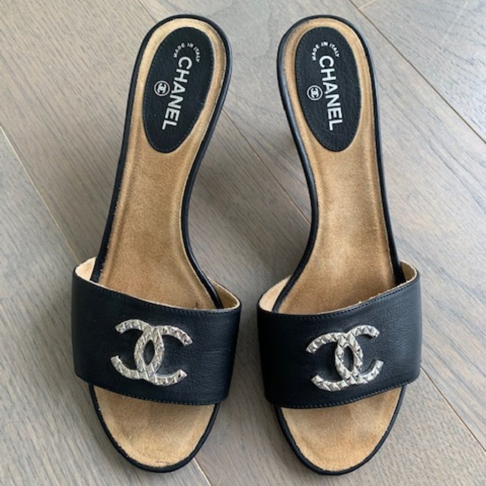 Vintage Black CHANEL Mules / Sandals / Heels Sz 37